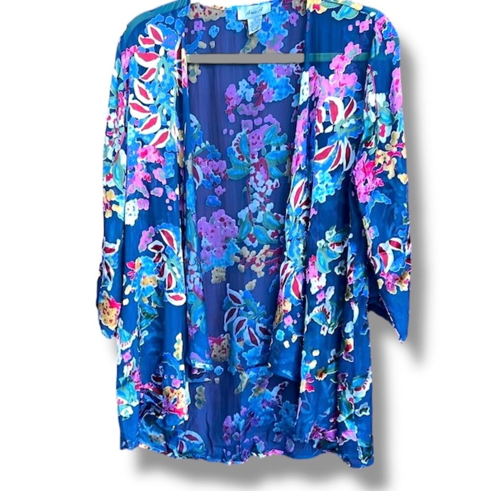 Blue and Pink Floral Print Lightweight Kimono / Cover-Up